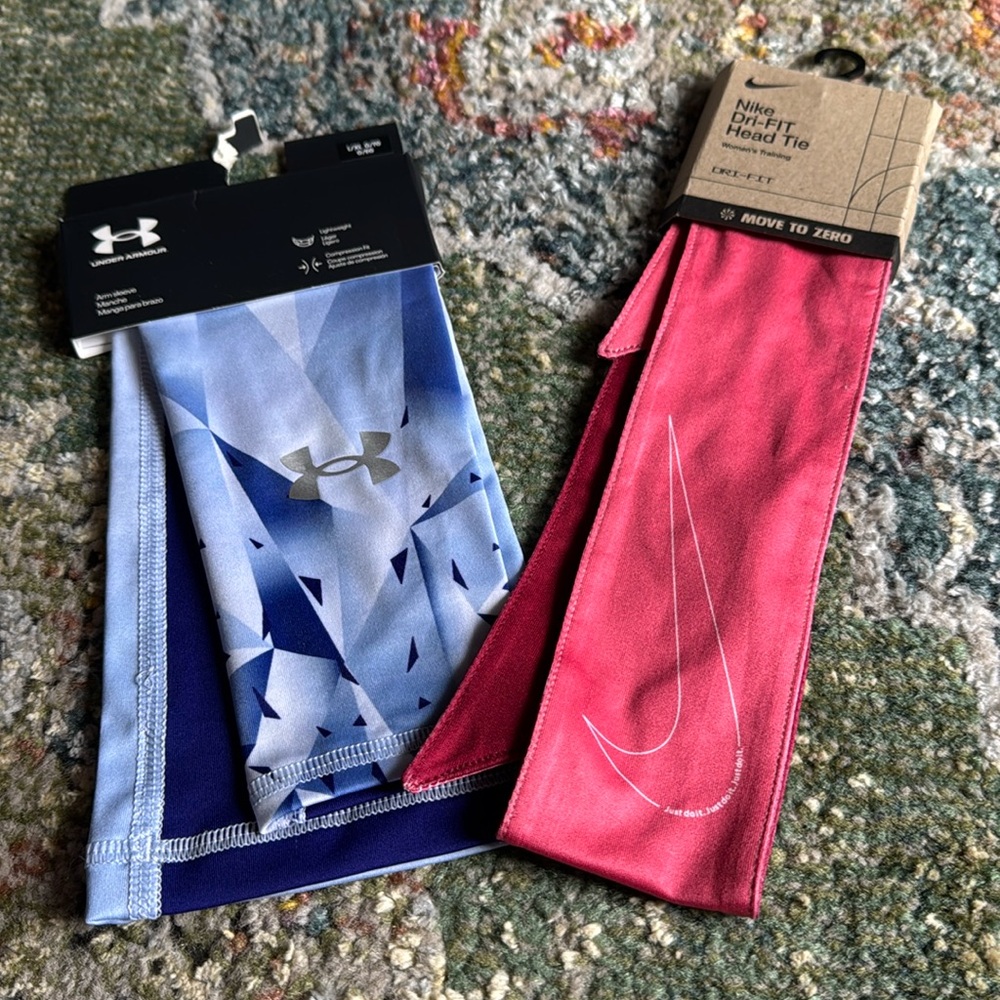 UNDER ARMOUR AND NIKE WOMENS BUNDLE ARM SLEEVE AND HEAD TIE…NWT!